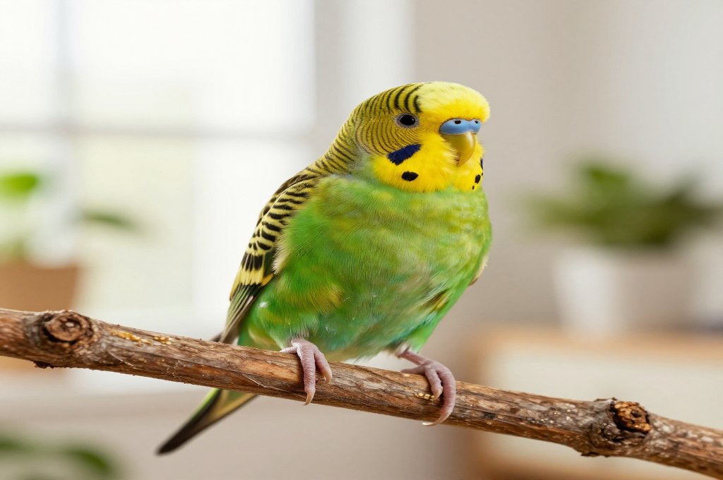 Budgerigar perched on a natural wooden branch