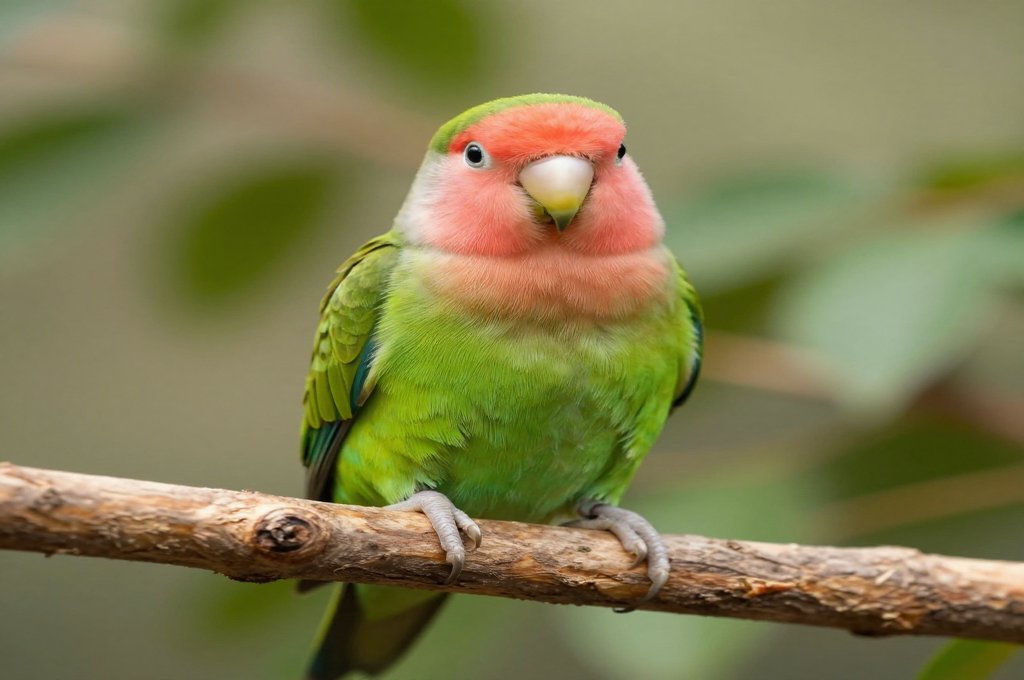 Peach-faced lovebird with rosy-pink face and green body