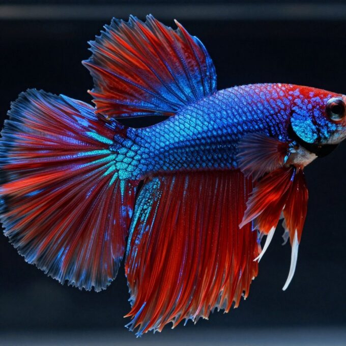 Close-up of betta fish showing iridescent red and blue fins