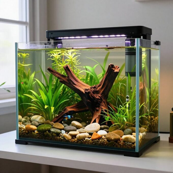 A beautifully planted 5-gallon betta aquarium with driftwood and live plants